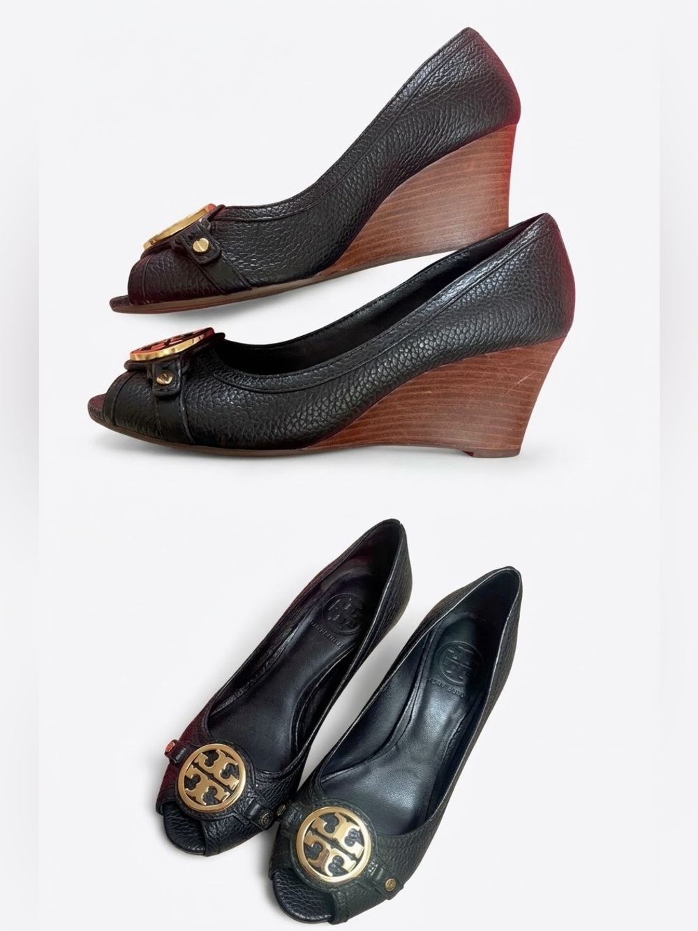 TORY BURCH Leticia Wedge Black Gold Open Peep Toe Pumps Pebble Leather | SIZE 6